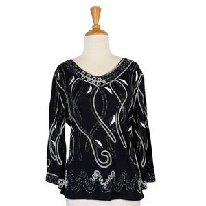 Once Again M Black Silver Top Embellished Art To Wear Evening Boho Festival VTG